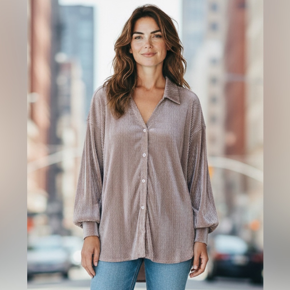 RO & DE ANTHROPOLOGIE Taupe PLEATED RIBBED BLOUSE BUTTON DOWN COLLARED TOP SZ L